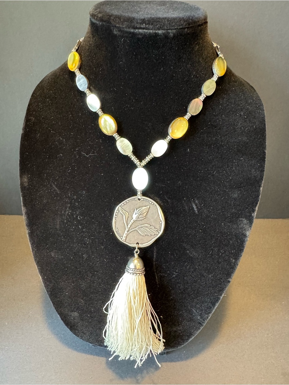 Chico's Amber and Cream Tassel Pendant Necklace 18” Adjustable